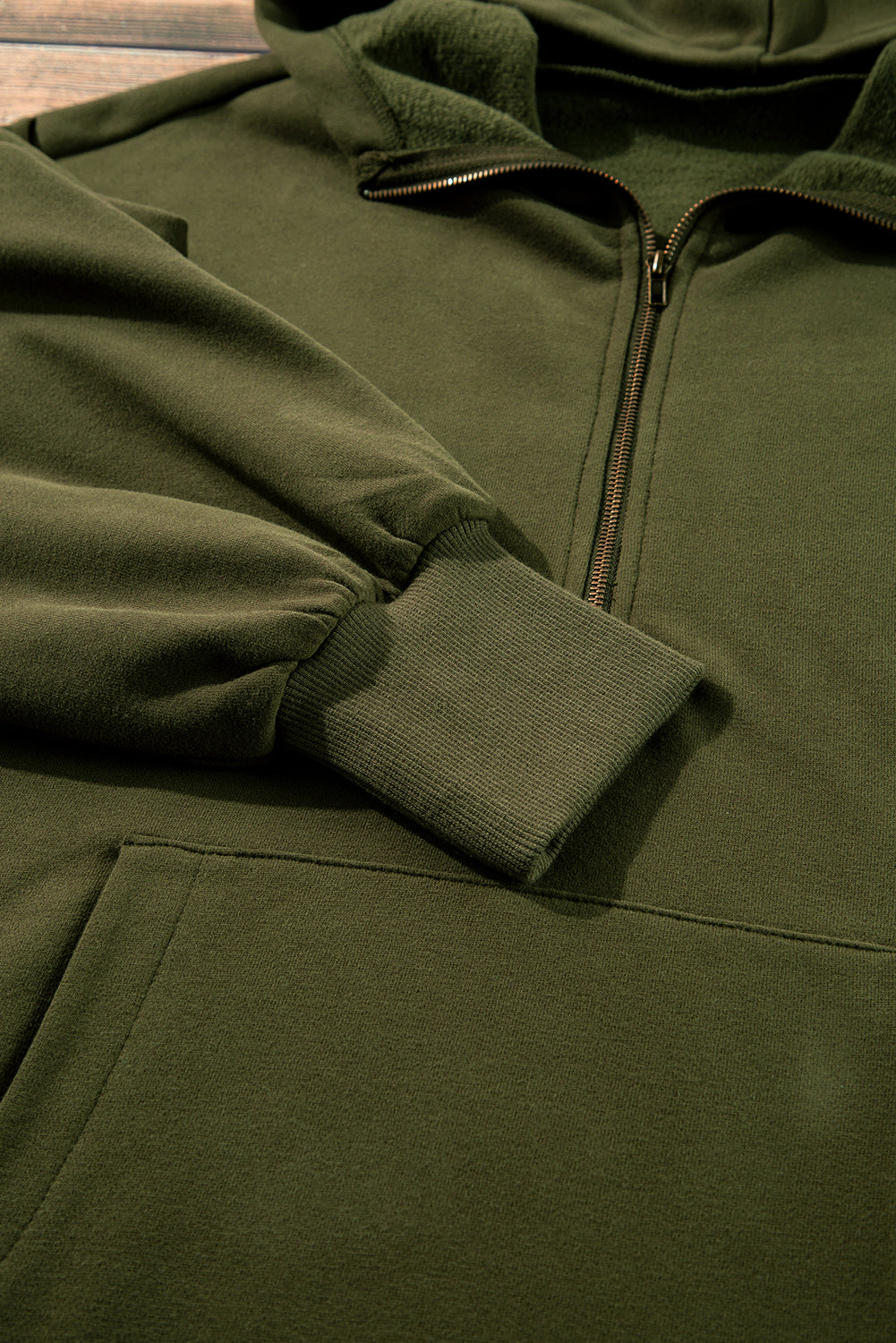 Smoke Green Half Zipper Kangaroo Pockets Drop Shoulder Hoodie