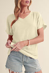 Bright Pink Basic Plain Textured V Neck T Shirt