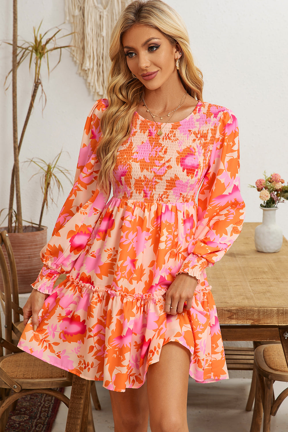 Orange Abstract Print Smocked Bust Lantern Sleeve Ruffle Mini Dress