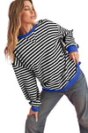 Blue Stripe Contrast Edge Cross Seam Oversized Pullover