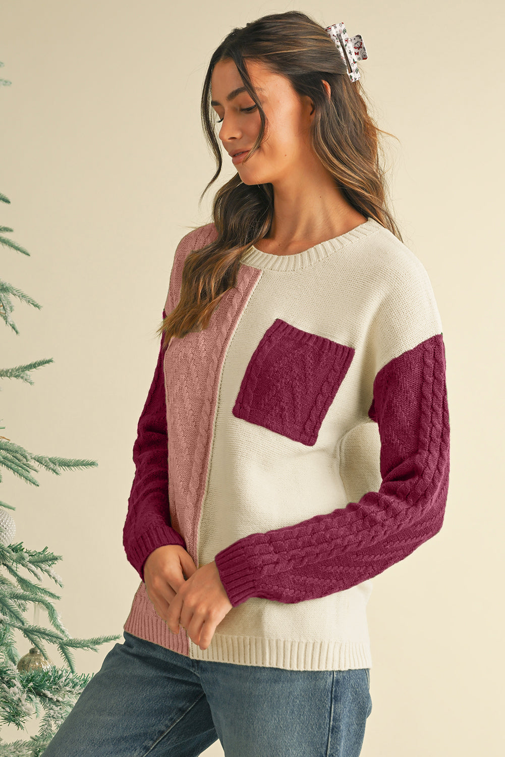 Rose Tan Colorblock Pocket Drop Shoulder Sweater