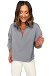 Gray Textured Half Zipper Collared Sweatshirt