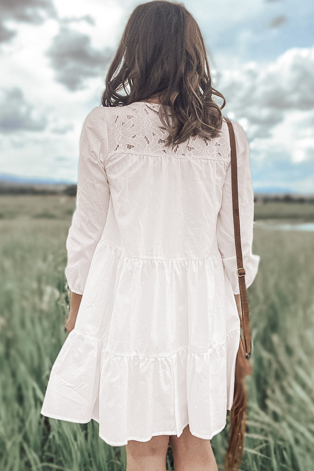 White Floral Lace Yoke Bracelet Sleeve Tiered Mini Dress