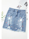 Distressed Raw Hem Heart Mini Denim Skirt