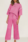 Navy Blue Loose Contrast Trim Half Sleeve Top and Drawstring Pants Set