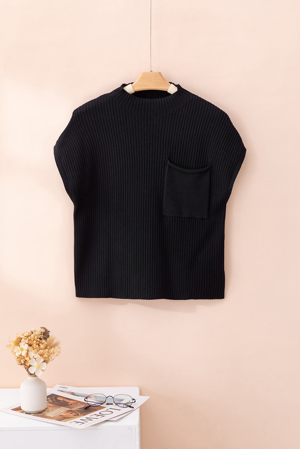 Oatmeal Patch Pocket Ribbed Knit Short Sleeve Sweater