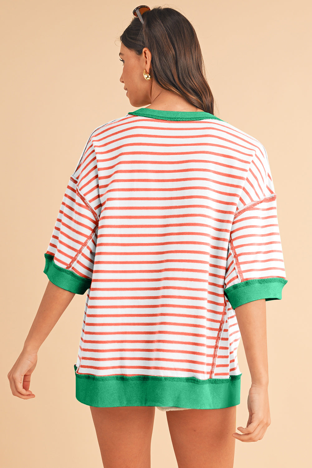 Sky Blue Stripe Contrast Drop Sleeve Loose Top