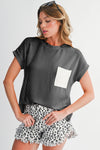 Dark Blue Corded Knit Color Block Pocketed Crew Neck T Shirt