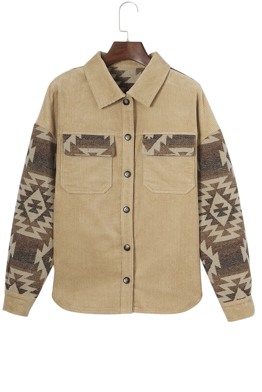 Khaki Geometric Print Patchwork Frayed Edge Corduroy Jacket