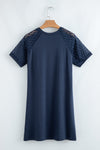 Dark Brown Contrast Lace Raglan Sleeve Pleated Detail Shift Dress
