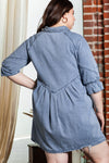 Light Blue Ruffled 3/4 Sleeve Buttoned Front Plus Size Denim Dress