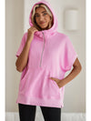 Bonbon Half Zipper Kangaroo Pocket Short Sleeve Hoodie