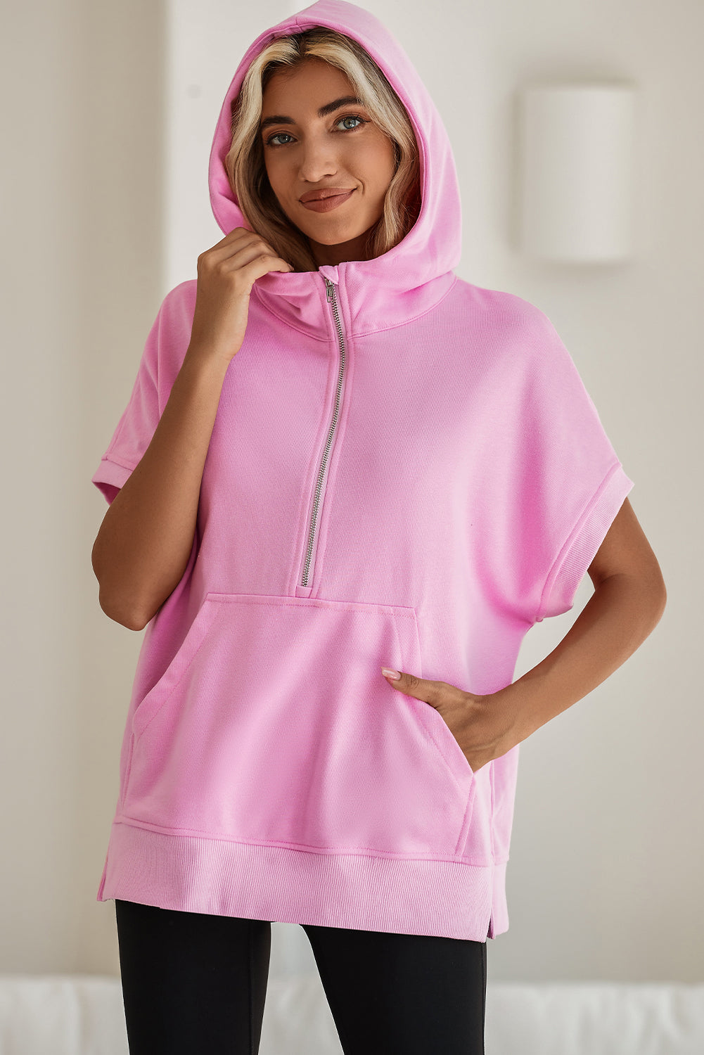 Bonbon Half Zipper Kangaroo Pocket Short Sleeve Hoodie