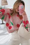 Pink Cherry Print Round Neck Knit Sweater