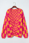 Multicolor Plaid Open Front Knitted Cardigan