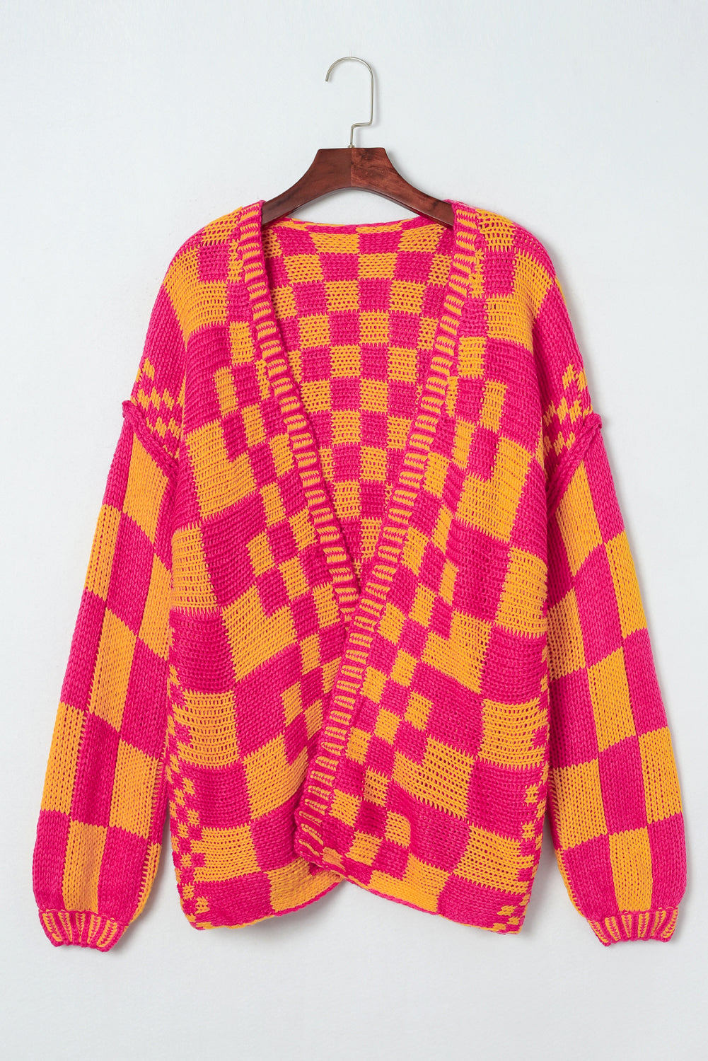 Rose Red Colorblock Checked Open Front Knitted Cardigan