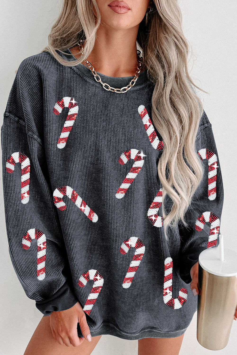 Pink Xmas Candy Cane Shining Graphic Corded Sweatshirt