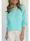 Aruba Blue Plain Crinkle Ribbed Round Neck Top