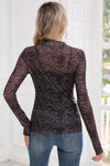 Black Letter Print Mock Neck Long Sleeve Mesh Top