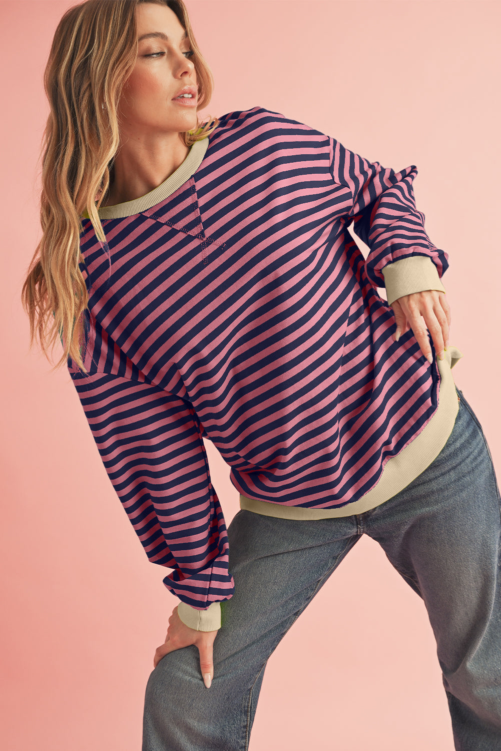 Blue Stripe Contrast Edge Cross Seam Oversized Pullover