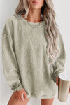 Khaki Solid Ribbed Round Neck Pullover Sweatshirt