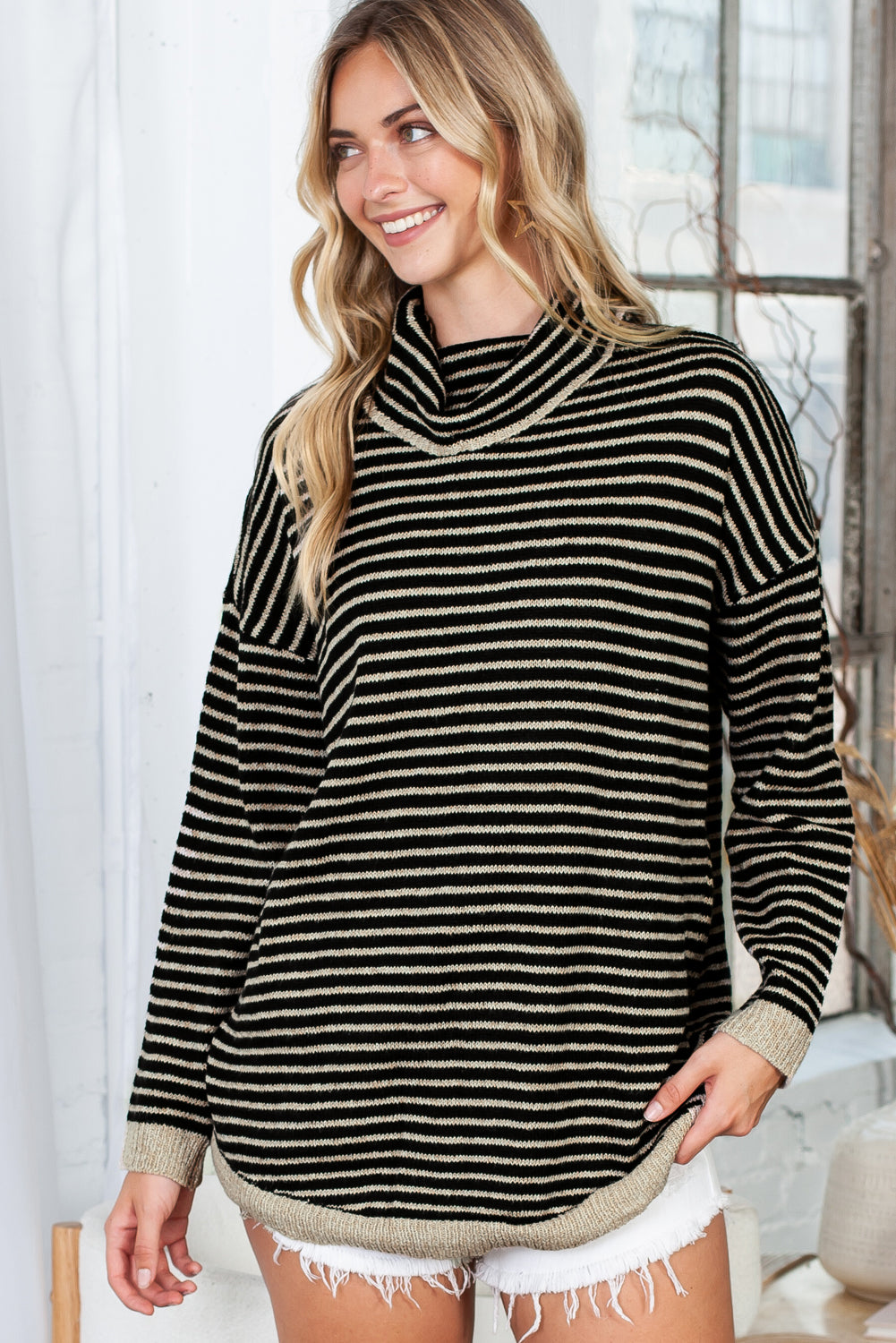 Brown Striped Turtleneck Oversized Sweater