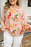 Orange Floral Abstract Print V NeckPlus Size Blouse