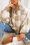 Light French Beige Checkered V-Neck Collared Pullover Sweater