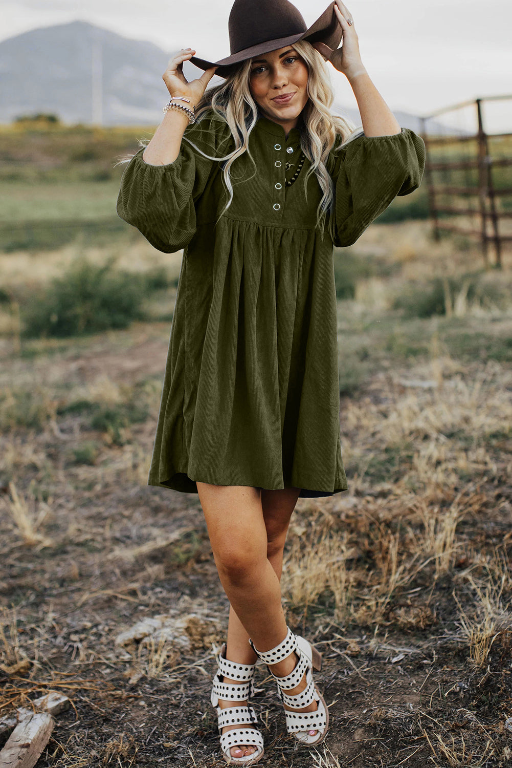 Vineyard Green Light Snap Button Empire Waist Lantern Sleeve Corduroy Dress