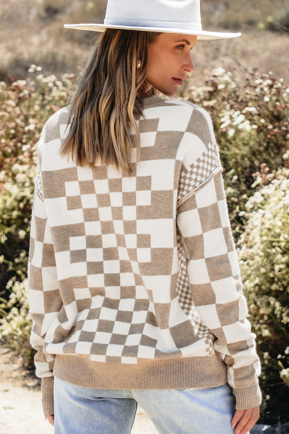 Carrot Checkered Drop Shoulder Round Neck Sweater