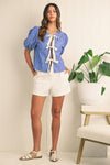 Blue Stripe Bow Tie Front Puff Short Sleeve Blouse