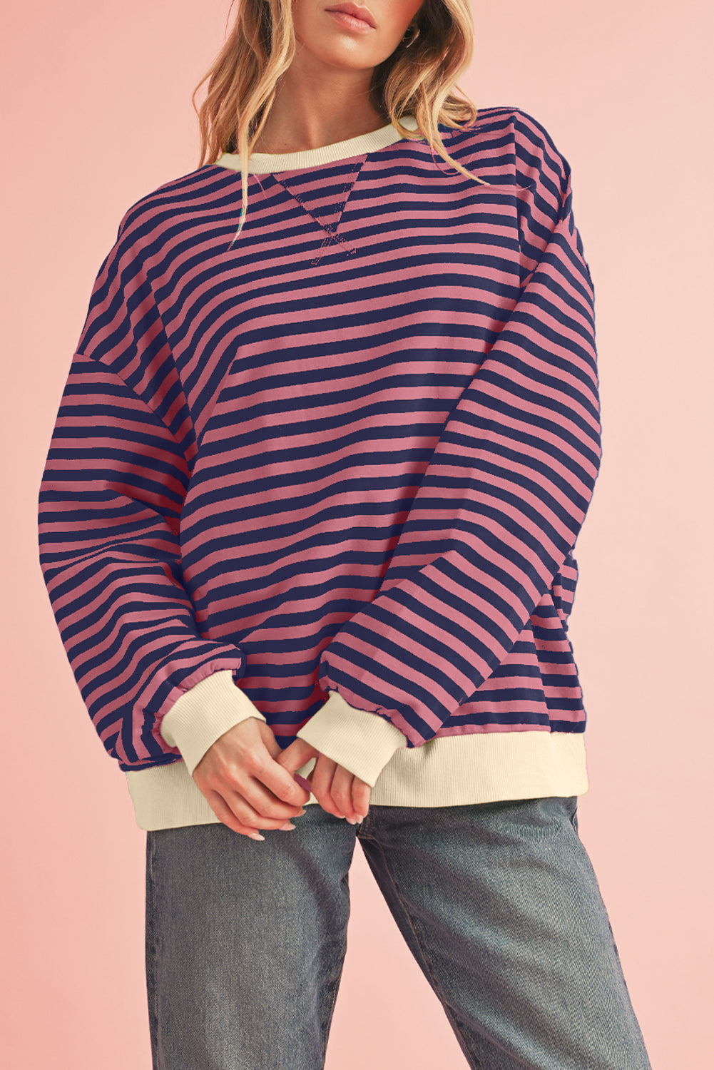 Green Stripe Contrast Edge Oversized Sweatshirt