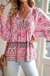 Blouses Pink Boho Floral Print Lace Up V Neck Smocked Sleeve Blouse.