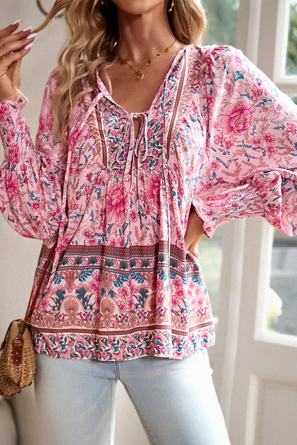 Blouses Pink Boho Floral Print Lace Up V Neck Smocked Sleeve Blouse.