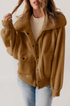 Brown Button Flap Pockets Collared Fleece Jacket - Cocoa Yacht Club