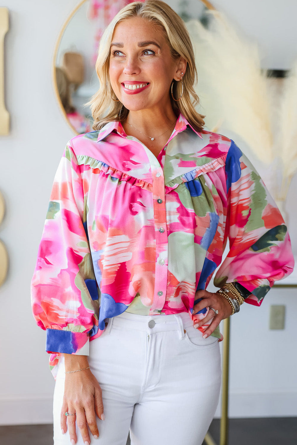 Multicolour Abstract Print Frill Detail Button Up Shirt