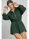 Blackish Green Solid Zip-up Drawstring Romper