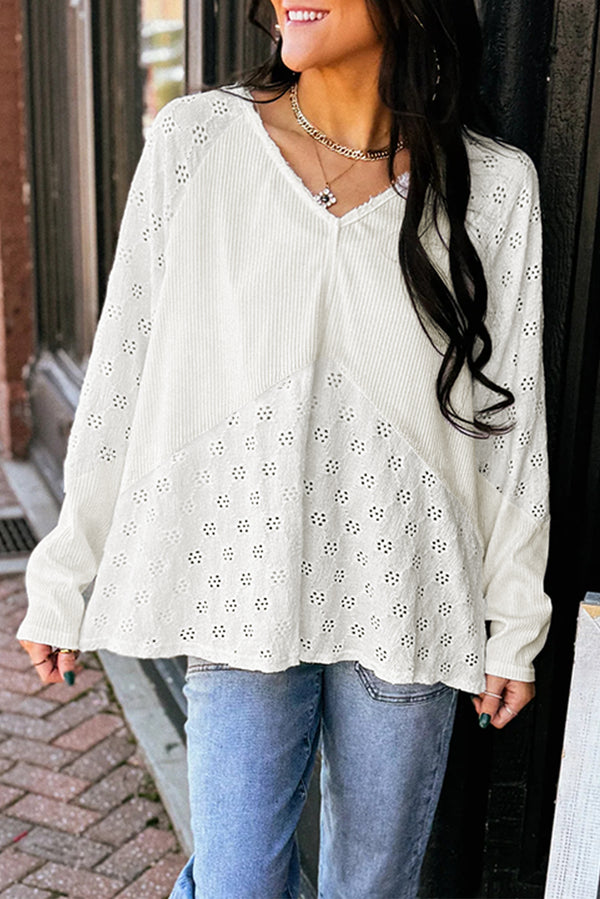 White Twisted Rib Patchwork Floral Embroidered Loose Long Sleeve Top