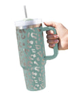 Green 40oz Stainless Steel Portable Leopard Tumbler Mug With Handle