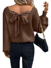 Coffee Lantern Sleeve V Neck Knot Back Sweater