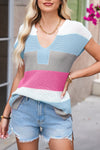Light Blue Colorblock Notch V Neck Knit T Shirt
