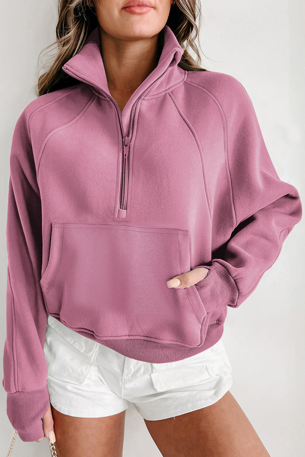 Parchment Quarter Zip Stand Neck Kangaroo Pocket Sweatshirt