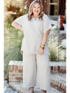 Beige Plus Size Textured Collared Top and Drawstring Pants Set