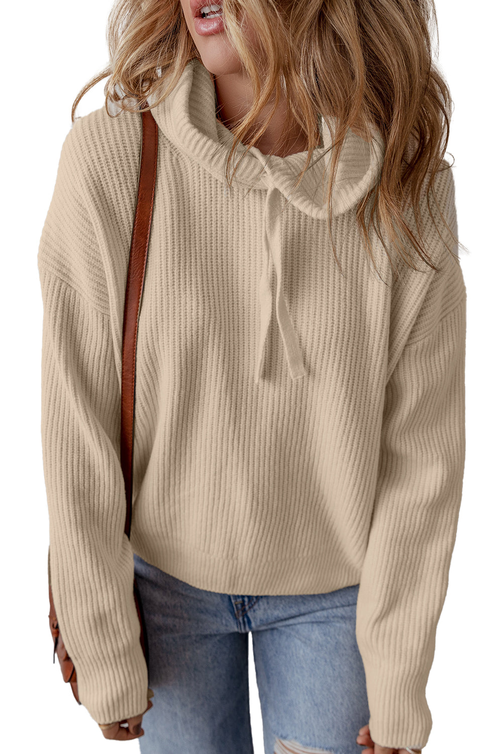 Beige Plain Drawstring Hooded Drop Shoulder Pullover Sweater