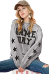 Black Lettering Game Day Print Star Sleeve Sweatshirt