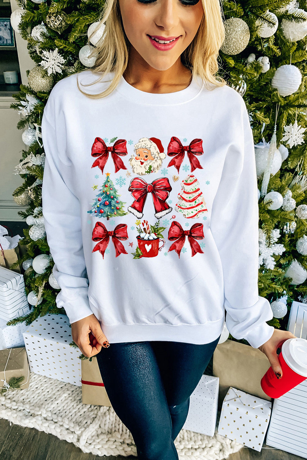 Beige Christmas Tree Bowknot Santa Clause Graphic Sweatshirt