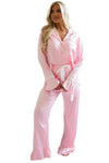 Light Pink Satin Shirt and Ruffle Hem Pants Pajama Set