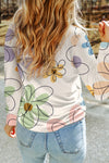 Beige Flower Print Long Sleeve T Shirt