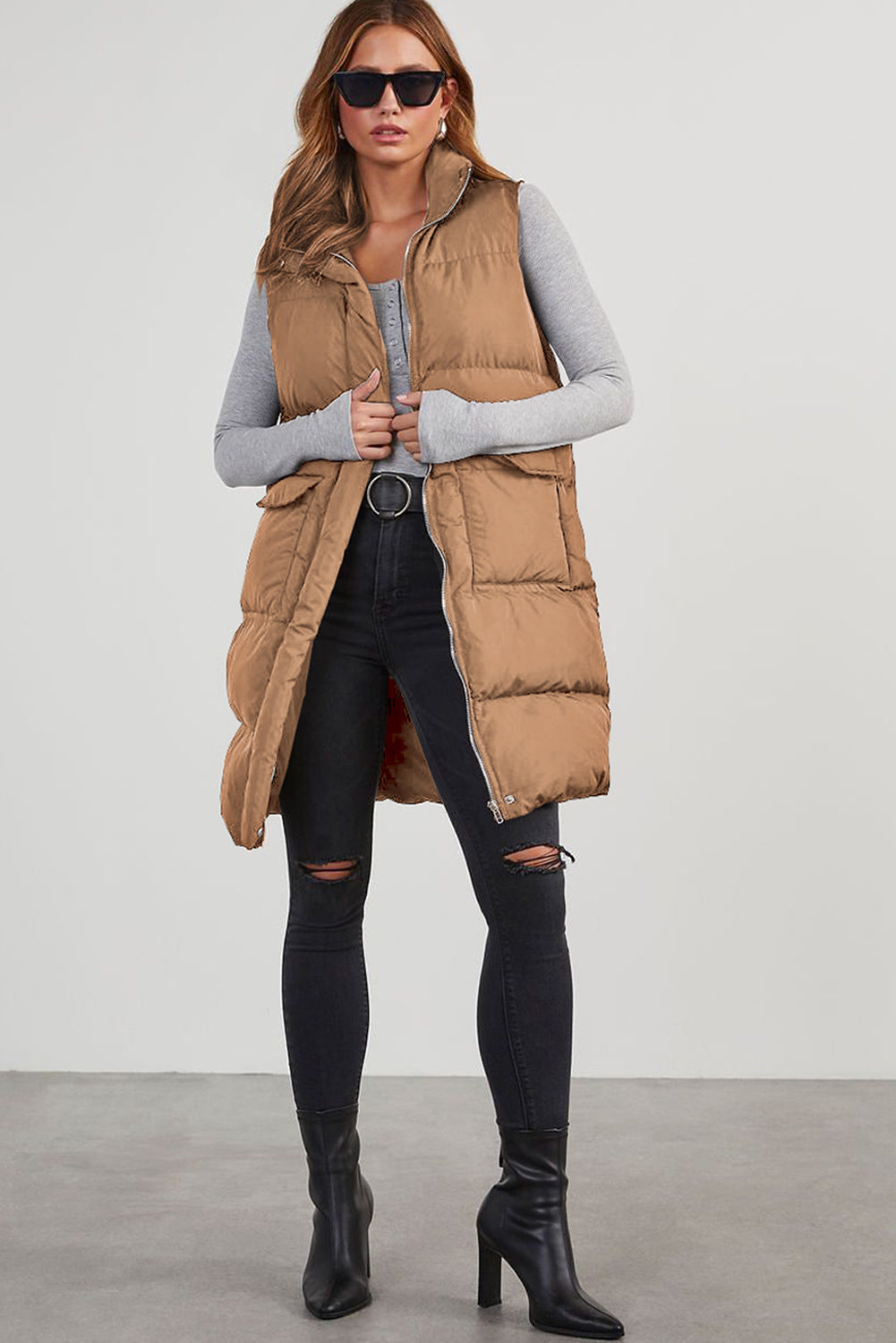 Coffee Quilted Pocketed Long Puffer Vest Coat