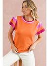 Bright Pink Contrast Sleeve Striped Round Neck Knitted Tee